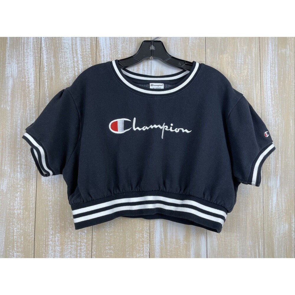 Champion Women's Black Fleece Cropped Crew Sweatshirt Size XL